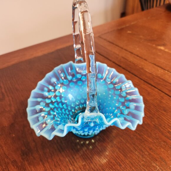 Vintage Fenton Blue Opalescent Hobnail Basket - Picture 2 of 11